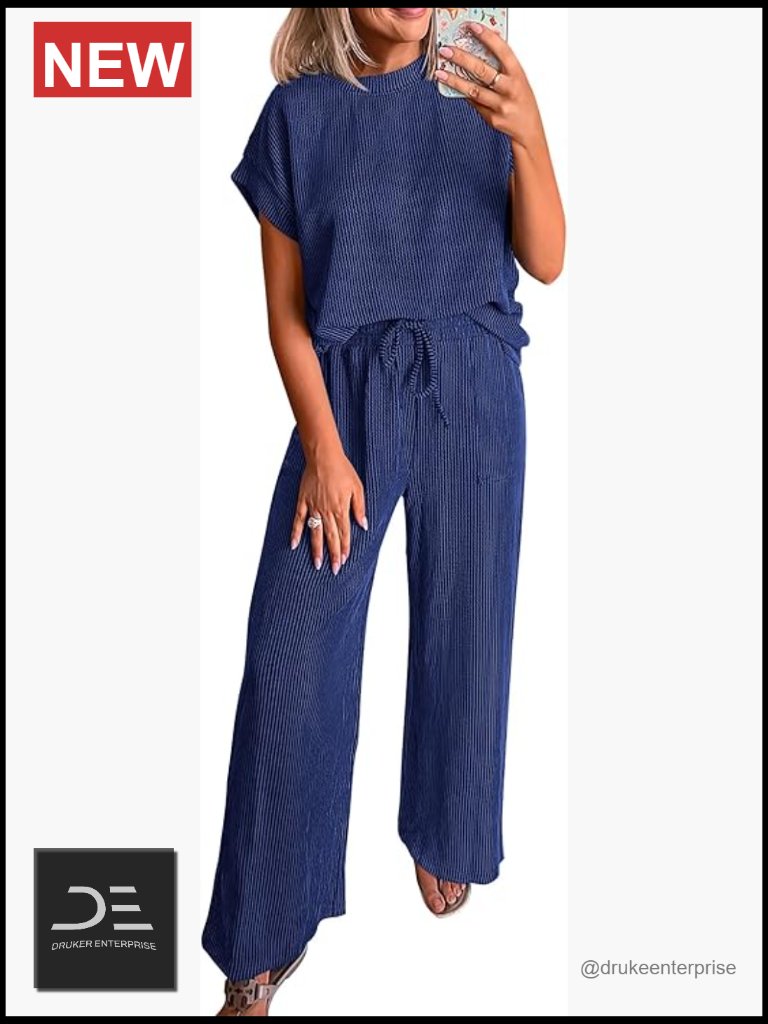Ribbed Knit Two Piece Set Wide Leg Pants Lounge Set Travel Outfits